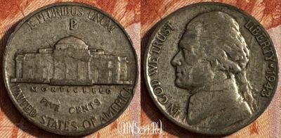 США 5 центов 1943 P, Ag, KM# 192a, 149s-033 ♛