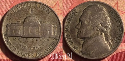 США 5 центов 1943 P, Ag, KM# 192a, 229i-005 ♛
