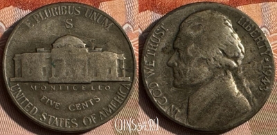 США 5 центов 1943 S, Ag, KM# 192a, 137s-034 ♛