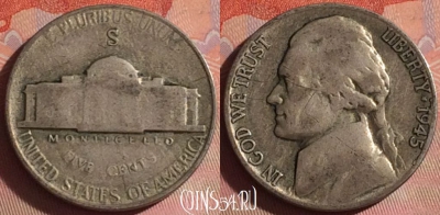 США 5 центов 1945 года S, Ag, KM# 192a, 049i-038