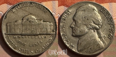 США 5 центов 1947 D, KM# A192, 257s-085 ♛