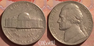 США 5 центов 1988 года D, KM# A192, 366k-009