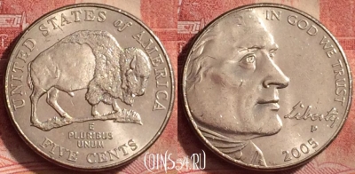 США 5 центов 2005 года P, Бизон, 329k-086