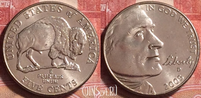 США 5 центов 2005 года D, KM# 368, UNC, 252j-013