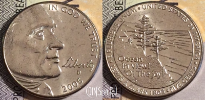 США 5 центов 2005 года D, KM# 369, UNC, 160-003