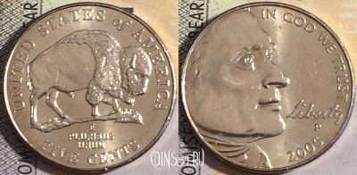 США 5 центов 2005 года P, KM# 368, UNC, 160-009