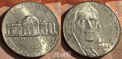 США 5 центов 2006 D, KM# 381, UNC, s512s-077