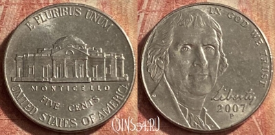 США 5 центов 2007 года P, KM# 381, 126p-028