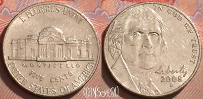 США 5 центов 2008 года D, KM# 381, 127l-124