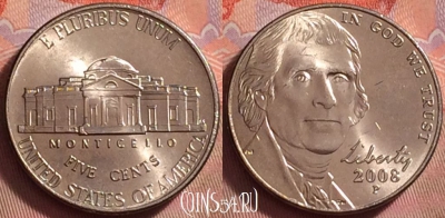 США 5 центов 2008 года P, KM# 381, UNC, 127k-013