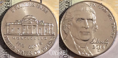 США 5 центов 2014 года D, KM# 381, UNC, 160-004