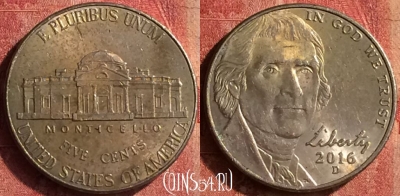 США 5 центов 2016 года D, KM# 381, 400-101