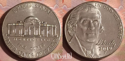 США 5 центов 2019 года P, KM# 381, 335-006