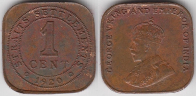 Стрейтс Сетлментс 1 цент 1920 года, Георг V, KM# 32, 131-064