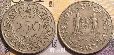 Суринам 250 центов 1987 года, редкая, KM# 24, 144-032