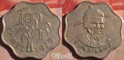 Свазиленд 10 центов 1975 года, KM# 23, 082b-054