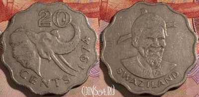 Свазиленд 20 центов 1974 года, KM# 11, 137b-035