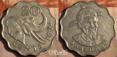 Свазиленд 20 центов 1974 года, KM# 11, s164t-031 ♛
