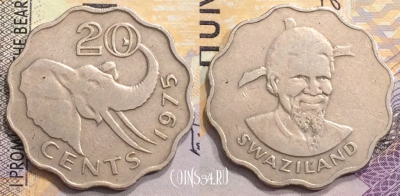 Свазиленд 20 центов 1975 года, KM# 11, 153-055
