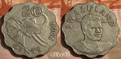 Свазиленд 20 центов 2000 г., редкая, KM# 50.1, 072t-111 ♛