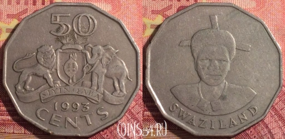 Свазиленд 50 центов 1993 года, KM# 43, 291i-070