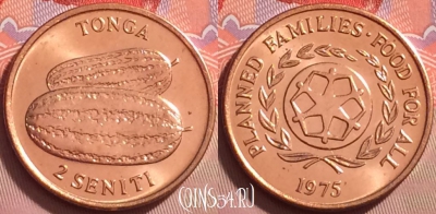 Тонга 2 сенити 1975 года, KM# 43, UNC, 122j-003