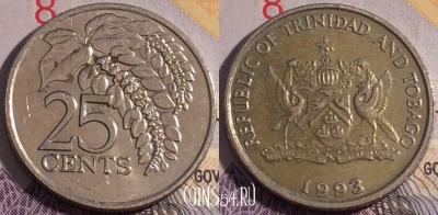 Тринидад и Тобаго 25 центов 1993 года, KM# 32, 178a-080