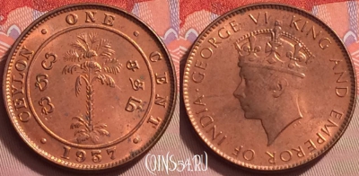 Цейлон 1 цент 1937 года, KM# 111, UNC, 122j-020