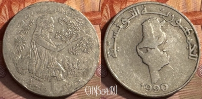 Тунис 1 динар 1990 года, KM# 319, s129t-061