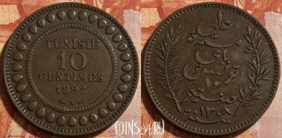 Тунис 10 сантимов 1892 г., KM# 222, 492р-140 ♛