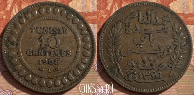Тунис 10 сантимов 1908 года, KM# 236, 486р-093 ♛