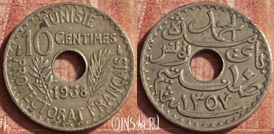 Тунис 10 сантимов 1938 года, KM# 259, 095p-111 ♛