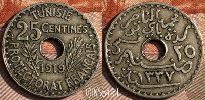 Тунис 25 сантимов 1919 года, KM# 244, 135s-022 ♛