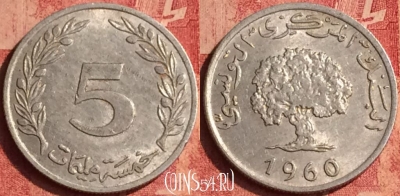 Тунис 5 миллимов 1960 года, KM# 282, 385o-033