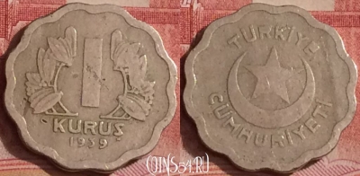 Турция 1 куруш 1939 года, KM# 867, 304k-014