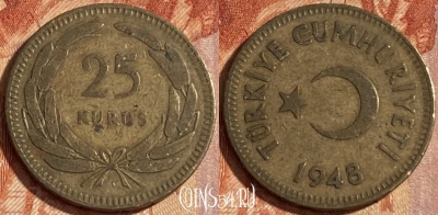 Турция 25 курушей 1948 года, KM# 886, 462r-301 ♛