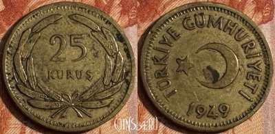 Турция 25 курушей 1949 года, KM# 886, 149s-062 ♛