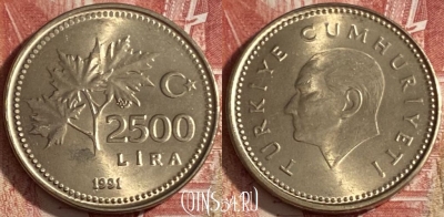 Турция 2500 лир 1991 года, KM# 1015, 472r-109 ♛
