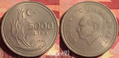Турция 5000 лир 1994 года, KM# 1025, 259i-106