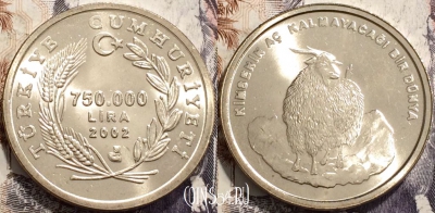 Турция 750.000 лир 2002 года, KM# 1162, UNC, 135-086