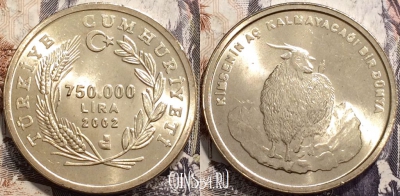 Турция 750.000 лир 2002 года, KM# 1162, UNC, 135-088