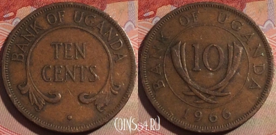 Уганда 10 центов 1966 года, KM# 2, 142b-092