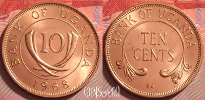 Уганда 10 центов 1968 года, KM# 2, UNC, 122j-006