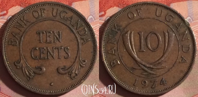 Уганда 10 центов 1974 года, редкая, KM# 2, 312g-073