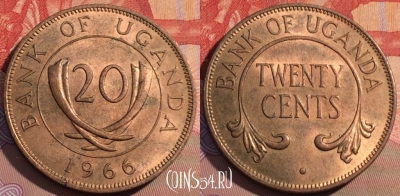 Уганда 20 центов 1966 года, редкая, KM# 3, 116c-098