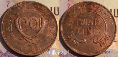 Уганда 20 центов 1966 года, редкая, KM# 3, 184a-048