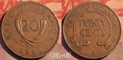 Уганда 20 центов 1966 года, редкая, KM# 3, 271a-014