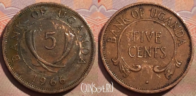Уганда 5 центов 1966 года, KM# 1, 164b-102