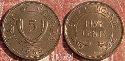 Уганда 5 центов 1966 года, KM# 1, 370r-040 ♛