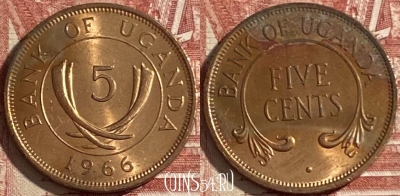 Уганда 5 центов 1966 года, KM# 1, 477р-139